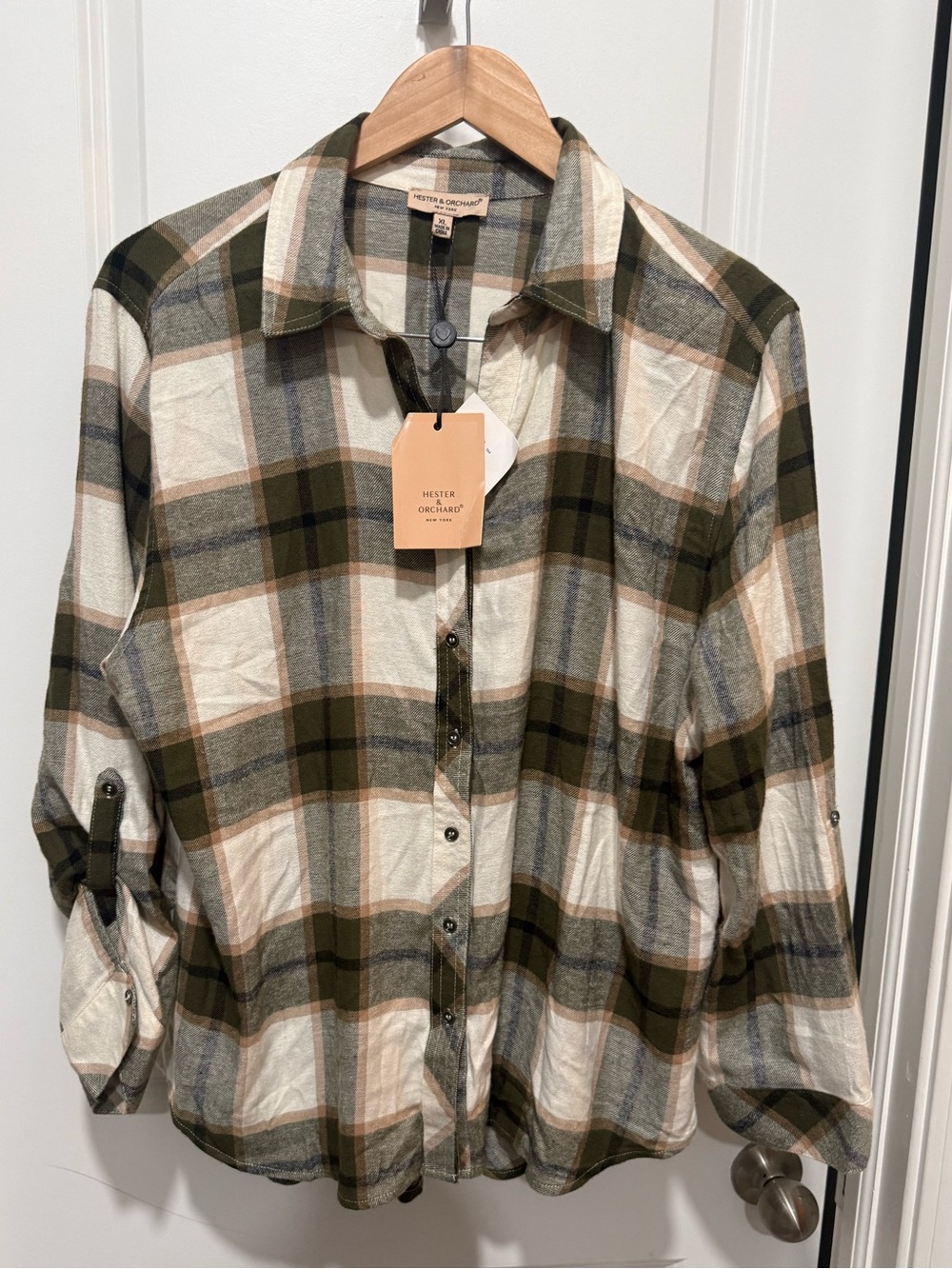 Hester & Orchard button-down shirt plaid print flannel olive green XL